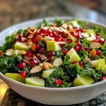 ['Close-up view of a vibrant pomegranate salad featuring pomegranate seeds and mixed greens.', 'Side view of a fresh pomegranate salad with green apples, pecans, and crumbled goat cheese.', 'Juicy pomegranate salad showcasing a colorful mix of ingredients including shallots and greens.', 'Detailed image of a pomegranate salad filled with bright red seeds, apple slices, and nuts.']