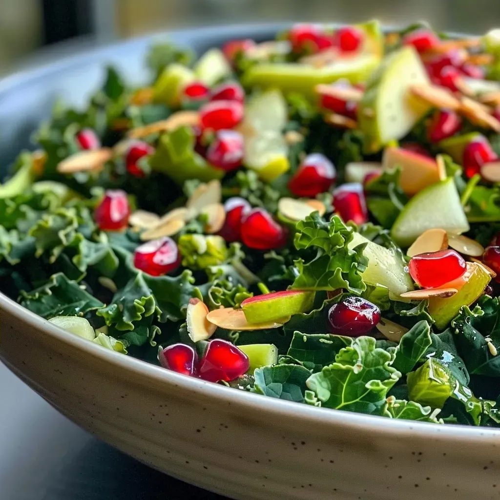 Close-up view of a vibrant pomegranate salad featuring pomegranate seeds and mixed greens.