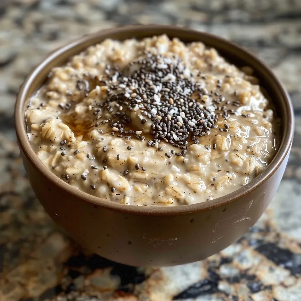 ['Close-up view of a bowl of protein overnight oats without yogurt, showing a creamy texture with toppings.', 'Side angle photo of overnight oats featuring rolled oats, chia seeds, and a sprinkle of cinnamon, presented attractively.', 'Detailed image of protein-packed overnight oats in a bowl, highlighting the vibrant colors of the ingredients.', 'Creamy protein overnight oats served in a glass jar, showing layers of oats and toppings.']
