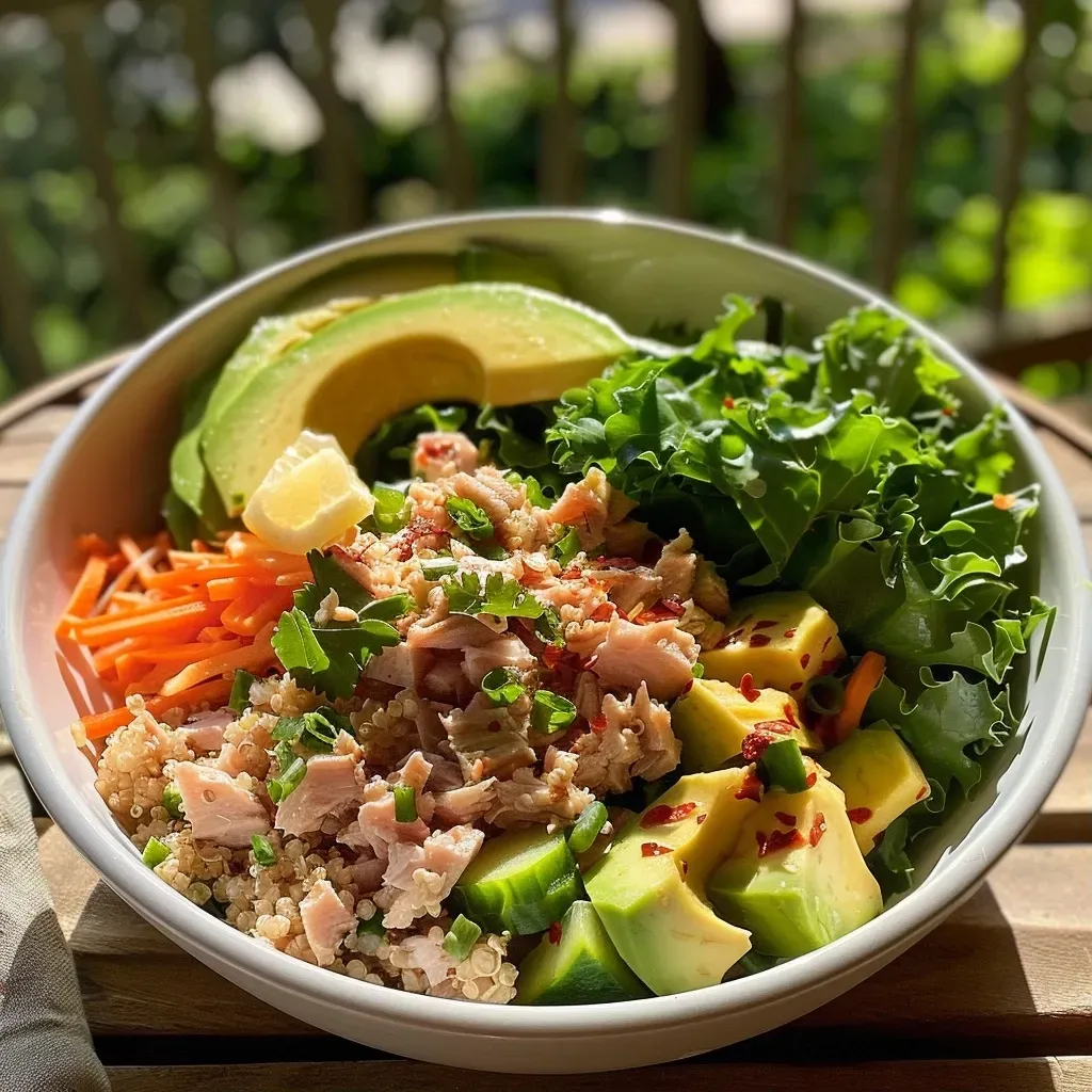 Close-up view of a protein-packed tuna bowl featuring vibrant ingredients.
