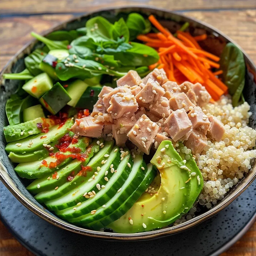 Close-up view of a protein-packed tuna bowl featuring vibrant ingredients.