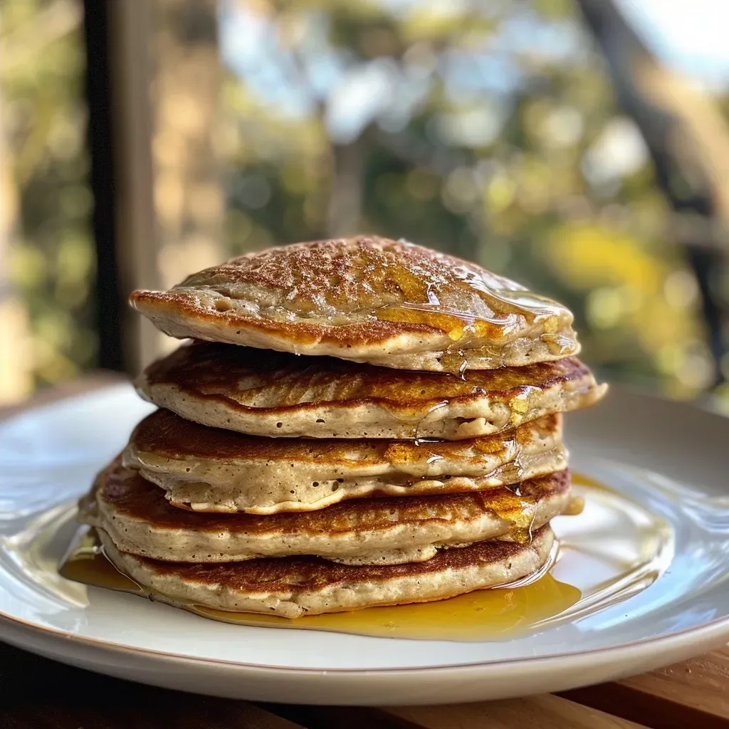['Close-up photo of a stack of golden-brown protein pancakes drizzled with syrup.', 'Side view of fluffy protein pancakes topped with a dollop of Greek yogurt and fresh fruit.', 'Juicy protein pancakes on a plate, showcasing layers and a rich maple syrup glaze.', 'Delicious protein pancakes arranged elegantly with oats and a sprinkle of powdered sugar.']