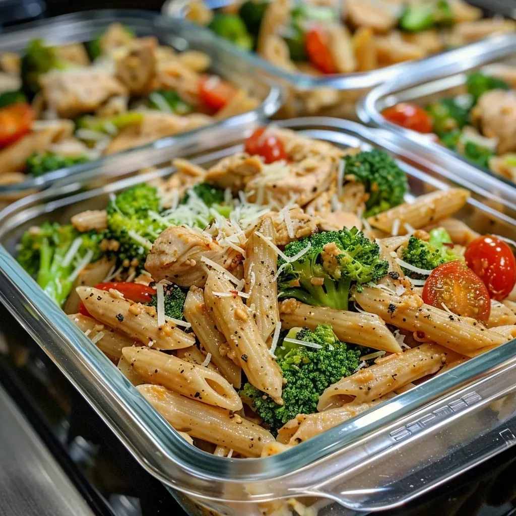Close-up view of protein pasta meal prep with chicken, broccoli, and tomatoes.