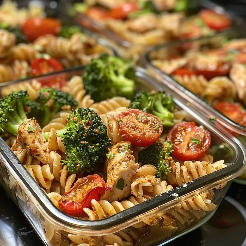 Close-up view of protein pasta meal prep with chicken, broccoli, and tomatoes.