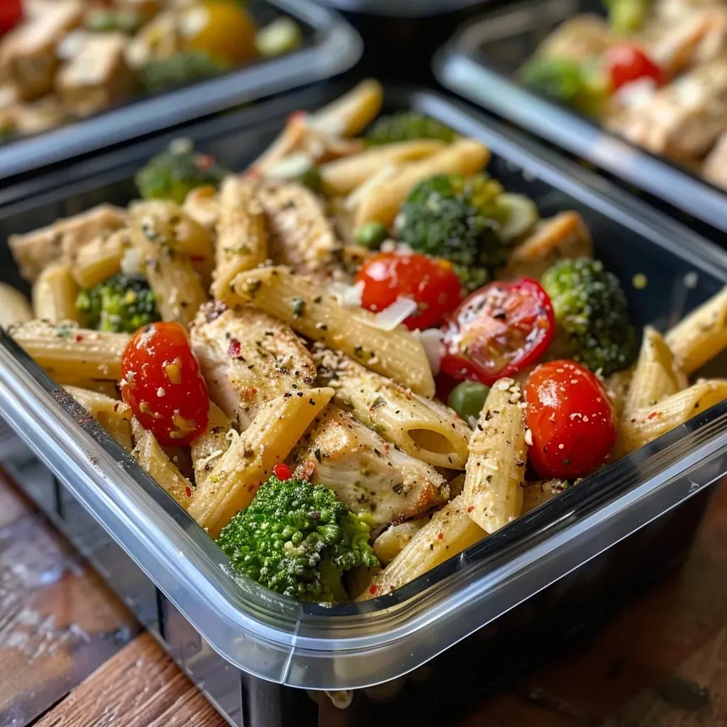 ['Close-up view of protein pasta meal prep featuring whole wheat pasta, chicken, broccoli, and cherry tomatoes.', 'Side view of a colorful protein-packed pasta dish with diced chicken and fresh vegetables.', 'Delicious protein pasta meal prep displayed in a container with whole wheat pasta and grated Parmesan.', 'Juicy protein pasta meal showing a mix of chicken, broccoli, and cherry tomatoes ready for meal prep.']