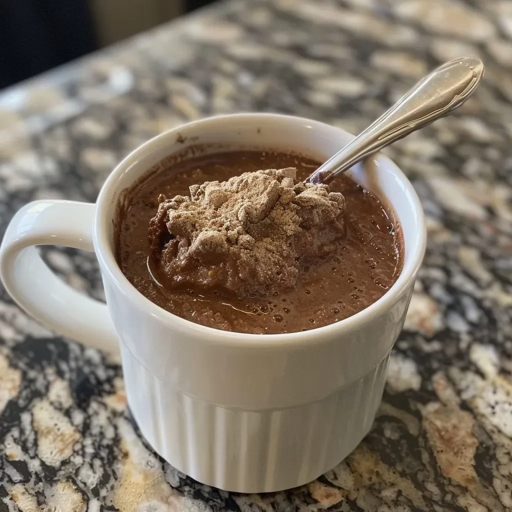 ['Close-up side view of a moist protein powder mug cake topped with chocolate chips.', 'Side view of a delicious protein mug cake with a soft texture and chocolate chips.', 'Juicy protein powder mug cake in a mug, highlighting its fluffy interior and chocolate pieces.', 'Close-up image of a protein mug cake showcasing its rich texture and smooth chocolate melt.']