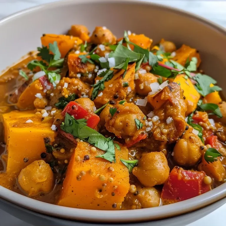 ['Close-up of a vibrant bowl of Pumpkin Chickpea Curry served with colorful vegetables.', 'Delicious Pumpkin Chickpea Curry in a bowl, featuring creamy texture and fresh herbs.', 'A side view of Pumpkin Chickpea Curry, showcasing its rich color and tasty ingredients.', 'Close-up of a hearty Pumpkin Chickpea Curry garnished with spinach and red bell peppers.']