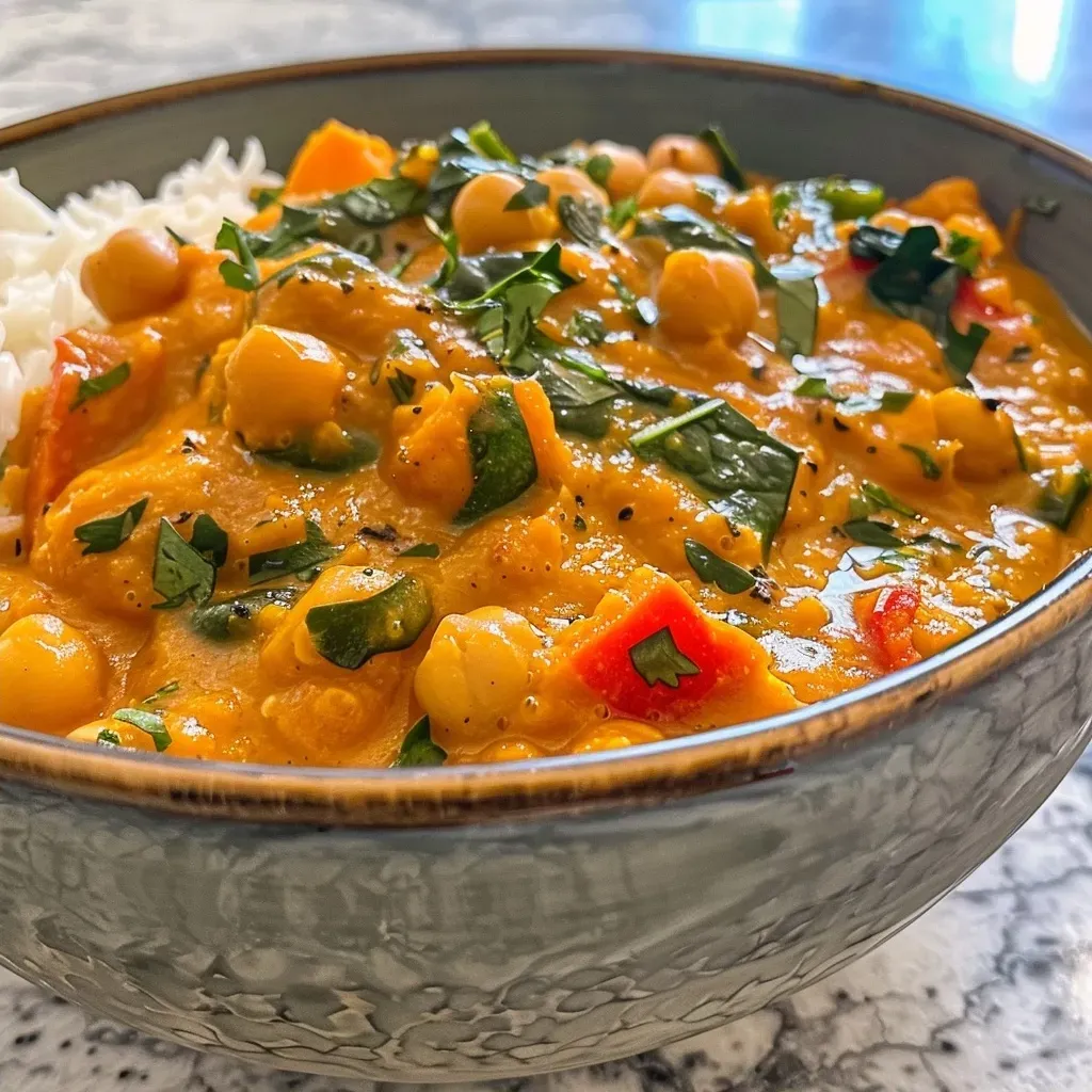 ['Close-up of a vibrant bowl of Pumpkin Chickpea Curry served with colorful vegetables.', 'Delicious Pumpkin Chickpea Curry in a bowl, featuring creamy texture and fresh herbs.', 'A side view of Pumpkin Chickpea Curry, showcasing its rich color and tasty ingredients.', 'Close-up of a hearty Pumpkin Chickpea Curry garnished with spinach and red bell peppers.']