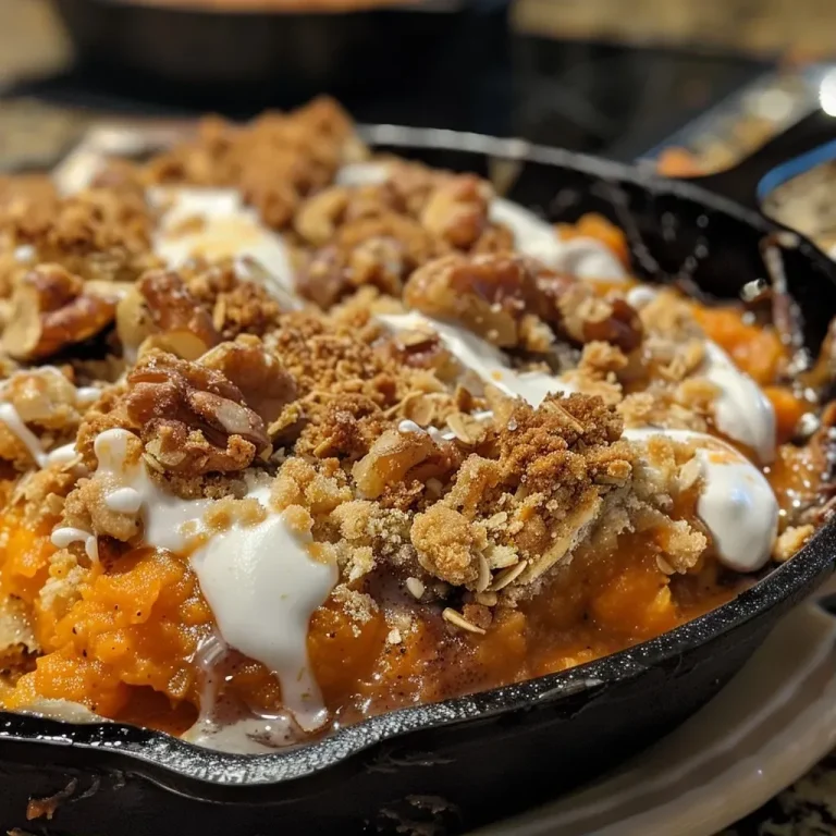 ['Close-up view of a warm Pumpkin Crisp dessert in a skillet with a golden, crispy topping.', 'A skillet filled with delicious Pumpkin Crisp, showcasing its golden-brown crust and creamy pumpkin filling.', 'Side view of Pumpkin Crisp in a skillet, featuring a textured topping and inviting aroma.', 'Delicious Pumpkin Crisp served in a skillet, revealing layers of pumpkin and crunchy topping.']
