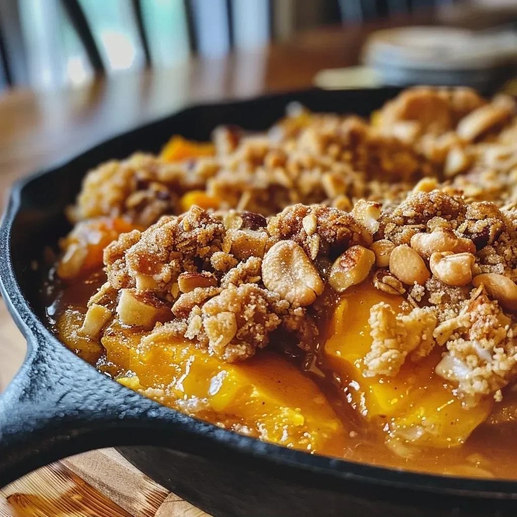 ['Close-up view of a warm Pumpkin Crisp dessert in a skillet with a golden, crispy topping.', 'A skillet filled with delicious Pumpkin Crisp, showcasing its golden-brown crust and creamy pumpkin filling.', 'Side view of Pumpkin Crisp in a skillet, featuring a textured topping and inviting aroma.', 'Delicious Pumpkin Crisp served in a skillet, revealing layers of pumpkin and crunchy topping.']