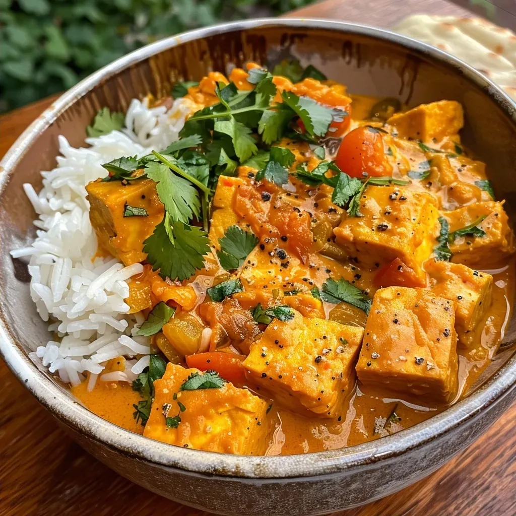['Close-up view of a vibrant bowl of pumpkin curry topped with crispy tofu and garnished with cilantro.', 'Side view of a colorful dish featuring pumpkin curry with golden crispy tofu, served with rice and vegetables.', 'A detailed shot of creamy pumpkin curry with chunks of tofu, tomatoes, and a sprinkle of cilantro on top.', 'Close-up perspective of a hearty pumpkin curry dish with crispy tofu and a background of naan bread.']