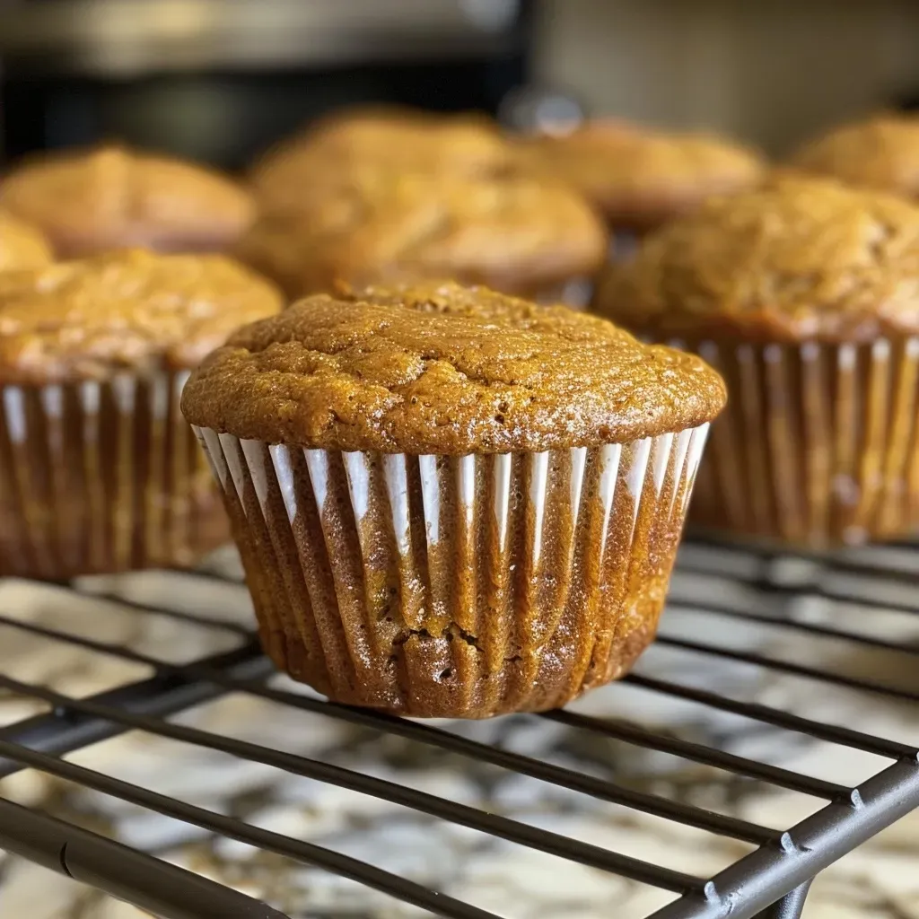 A close-up side view of a moist pumpkin muffin, showcasing its textured surface.