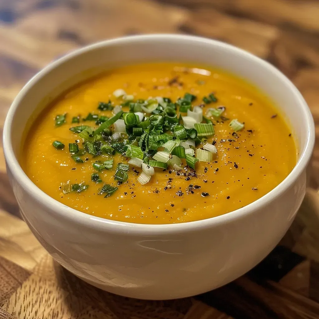 A close-up view of creamy pumpkin soup in a meal prep container.