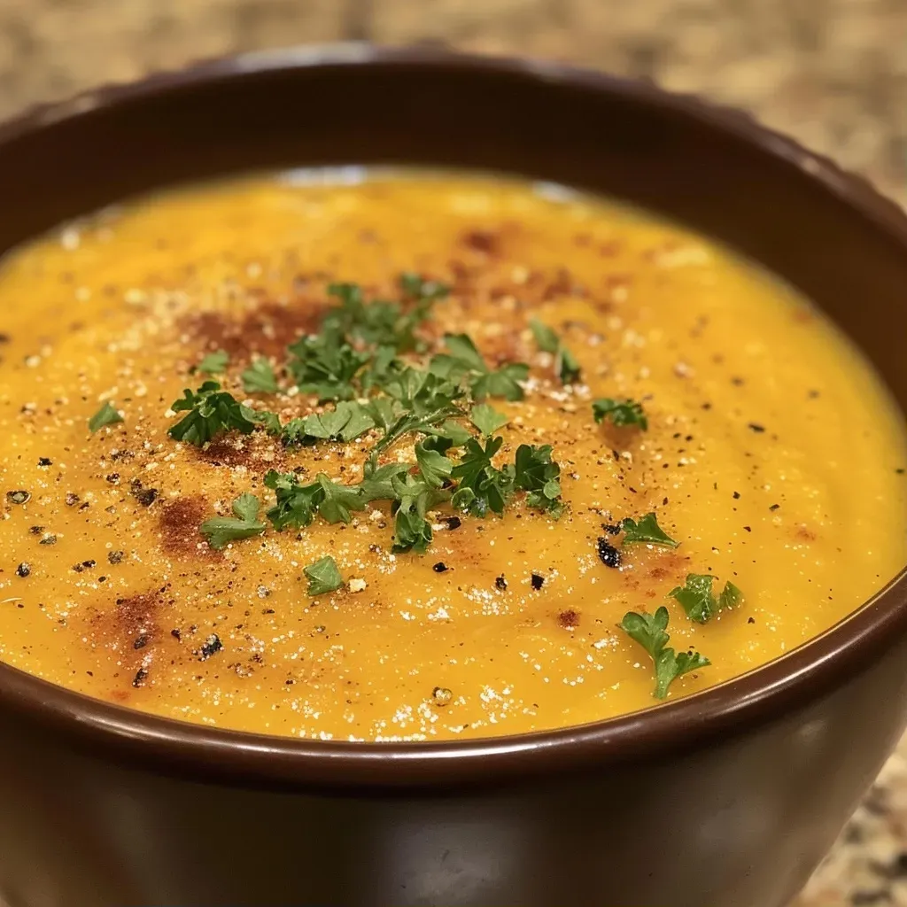 A close-up view of a bowl of creamy pumpkin soup garnished with herbs.
