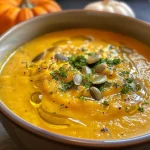 ['A close-up view of a bowl of smooth, vibrant orange pumpkin soup garnished with toasted pumpkin seeds.', 'A side view of creamy pumpkin soup in a bowl, with a sprinkle of toasted pumpkin seeds on top.', 'A detailed shot of a hearty pumpkin soup without cream, featuring bright orange color and crunchy seeds.', 'A close view of delicious pumpkin soup served in a bowl, showcasing its texture and garnishing.']