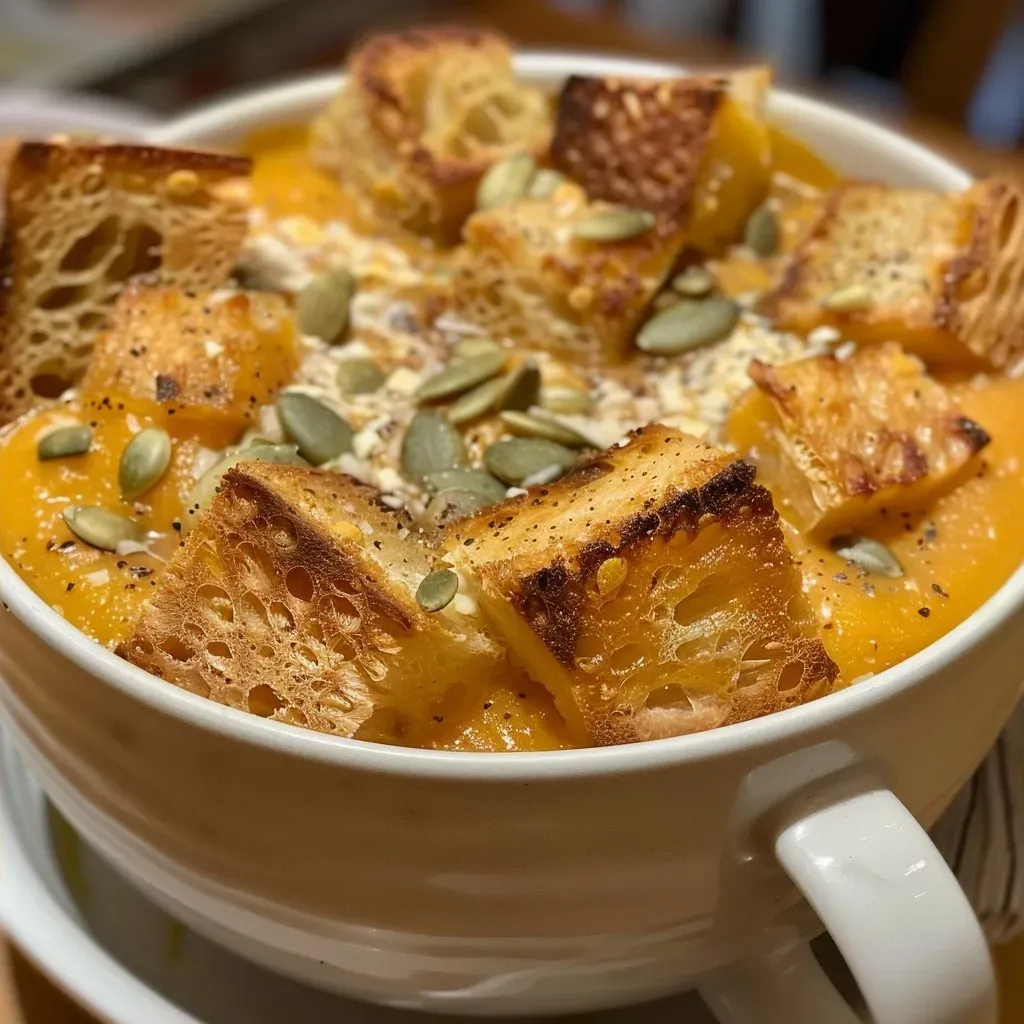 A close-up view of a bowl of smooth, vibrant orange pumpkin soup garnished with toasted pumpkin seeds.