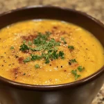 ['Close-up view of a creamy pumpkin soup in a bowl.', 'Rich orange pumpkin soup garnished with chives and pumpkin seeds.', 'A bowl of warm, inviting pumpkin soup with a swirl of sour cream.', 'Side view of delicious pumpkin soup with bread rolls on the side.']
