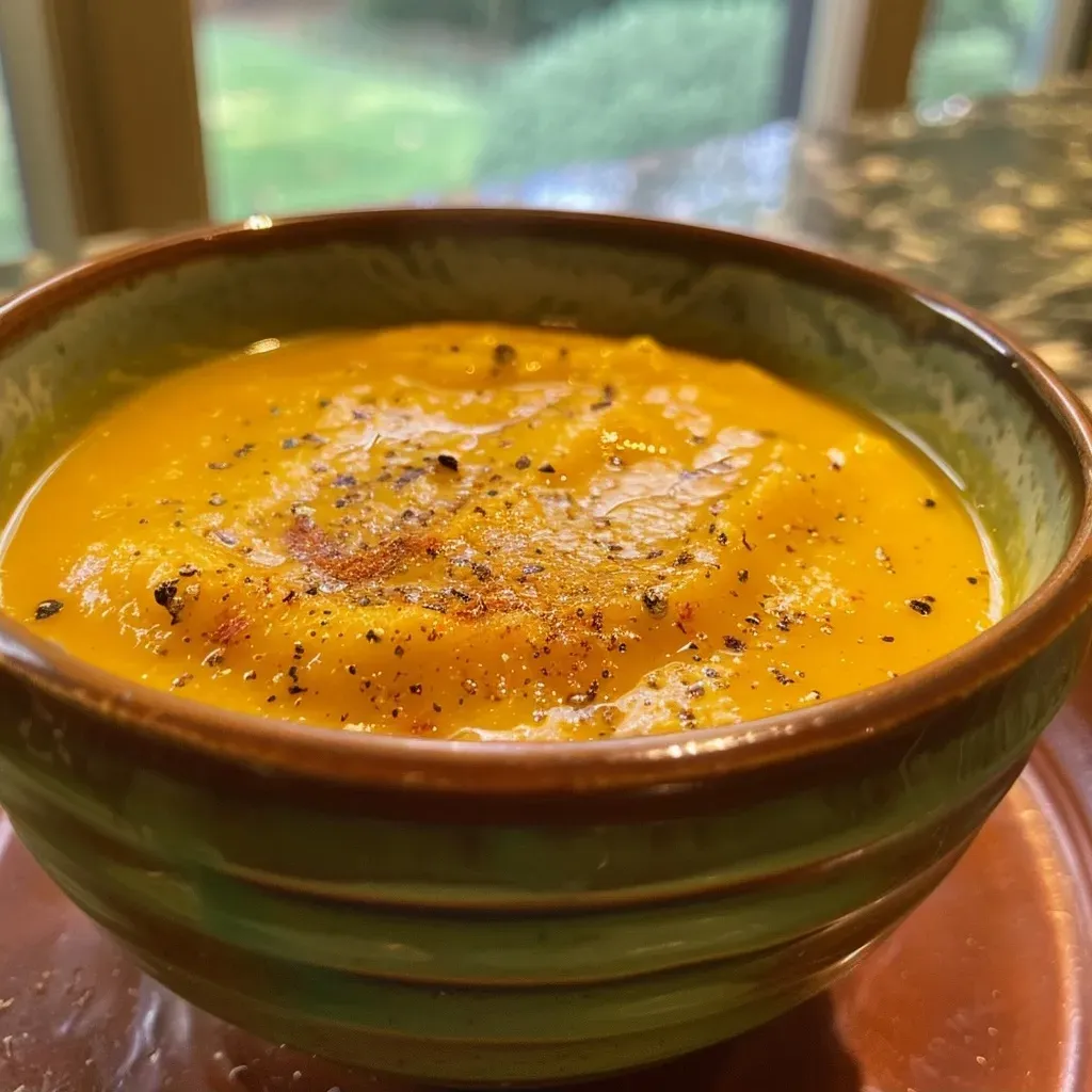 ['Close-up view of creamy pumpkin soup in a bowl, garnished with herbs.', 'Side view of a bowl of golden pumpkin soup with a smooth texture.', 'Delicious pumpkin soup presented in a rustic bowl, with visible spices.', 'Close-up of rich pumpkin soup surrounded by fresh ingredients and a spoon.']