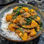 ['Close-up view of a vibrant pumpkin stir-fry featuring red kuri squash and zucchini.', 'Colorful stir-fried vegetables including chestnut mushrooms and spinach in a bowl.', 'Dish of stir-fried pumpkin and zucchini with a glossy sauce and cashew milk.', 'Detailed view of a vegan pumpkin stir-fry with a variety of fresh vegetables.']