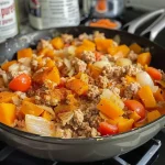 ['Close-up of a Pumpkin Turkey Skillet Dinner with vibrant colors and textures.', 'Juicy ground turkey and pumpkin dish garnished with melted cheddar cheese, viewed from the side.', 'Comforting skillet dinner featuring pumpkin puree and diced tomatoes, shot in natural lighting.', 'A flavorful mix of ground turkey, spices, and pumpkin, showcasing a cozy fall meal.']