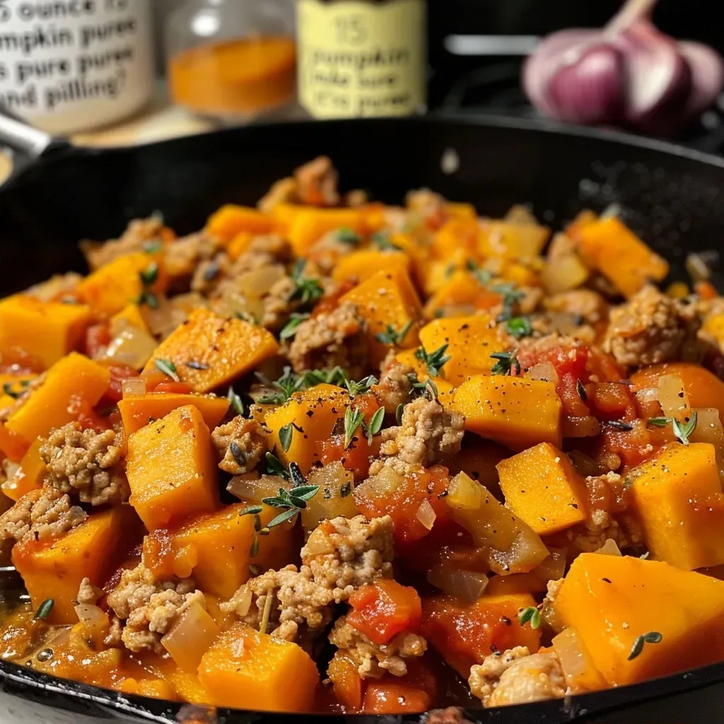 ['Close-up of a Pumpkin Turkey Skillet Dinner with vibrant colors and textures.', 'Juicy ground turkey and pumpkin dish garnished with melted cheddar cheese, viewed from the side.', 'Comforting skillet dinner featuring pumpkin puree and diced tomatoes, shot in natural lighting.', 'A flavorful mix of ground turkey, spices, and pumpkin, showcasing a cozy fall meal.']