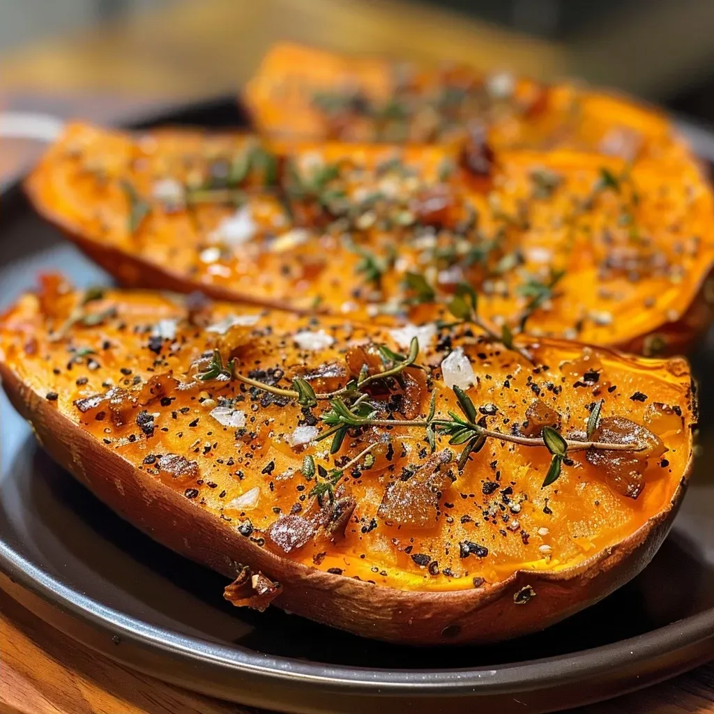 ['Close-up view of a juicy baked sweet potato drizzled with olive oil.', 'Side profile of a perfectly cooked sweet potato, seasoned with salt and pepper.', 'A vibrant baked sweet potato showing a soft, fluffy interior under a golden skin.', 'Detailed shot of a sweet potato with a glossy finish from olive oil preparation.']