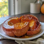 ['Side view of a roasted whole pumpkin on a wooden surface.', 'Close-up of a juicy, caramelized roasted pumpkin with visible syrup glaze.', 'A whole pumpkin, roasted and glistening, showcasing its golden-brown exterior.', 'Detailed view of a roasted pumpkin highlighting its texture and ingredients.']