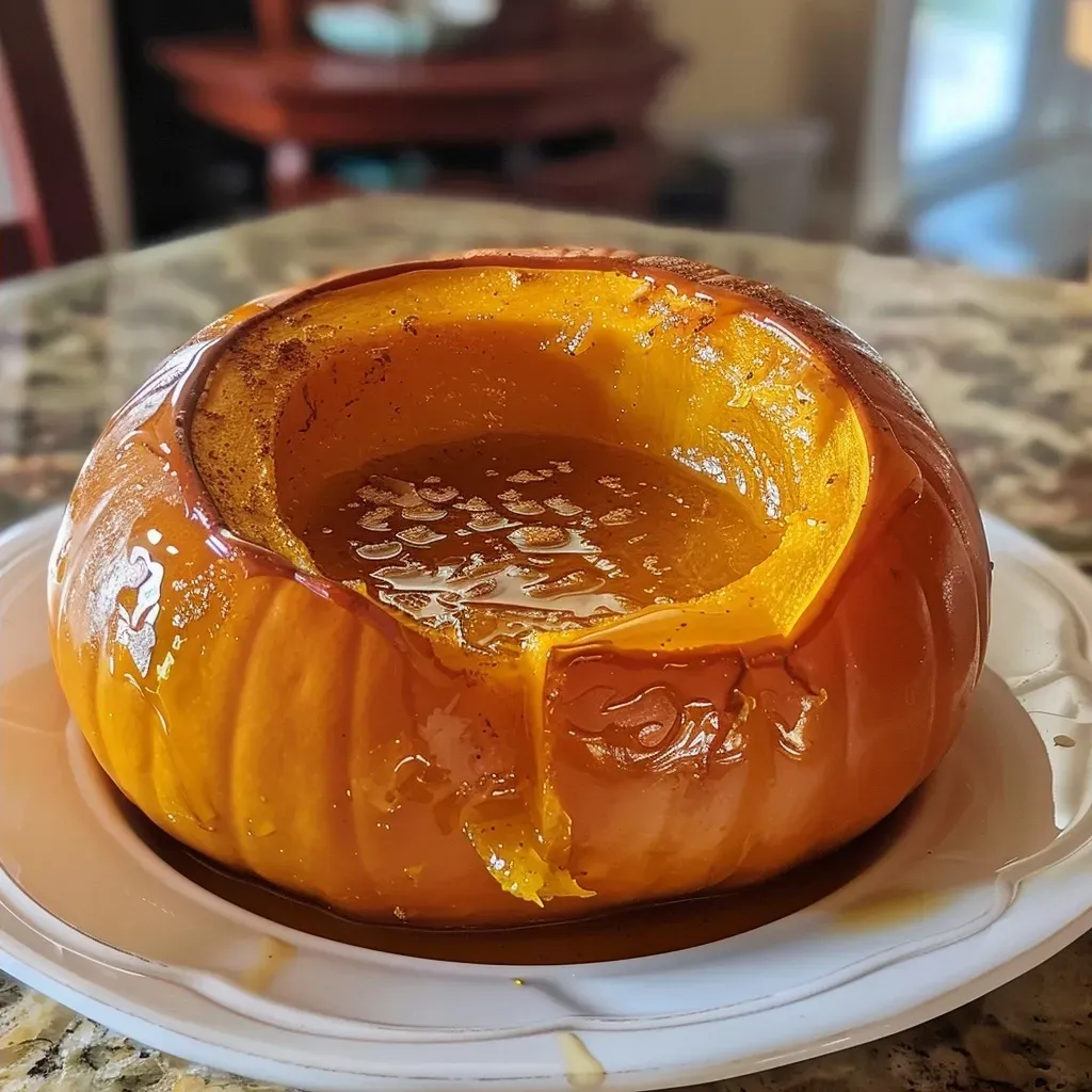 Side view of a roasted whole pumpkin on a wooden surface.