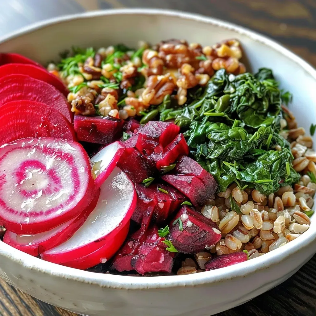 A colorful roasted beet grain bowl topped with herbed yogurt, nuts, and fresh herbs.