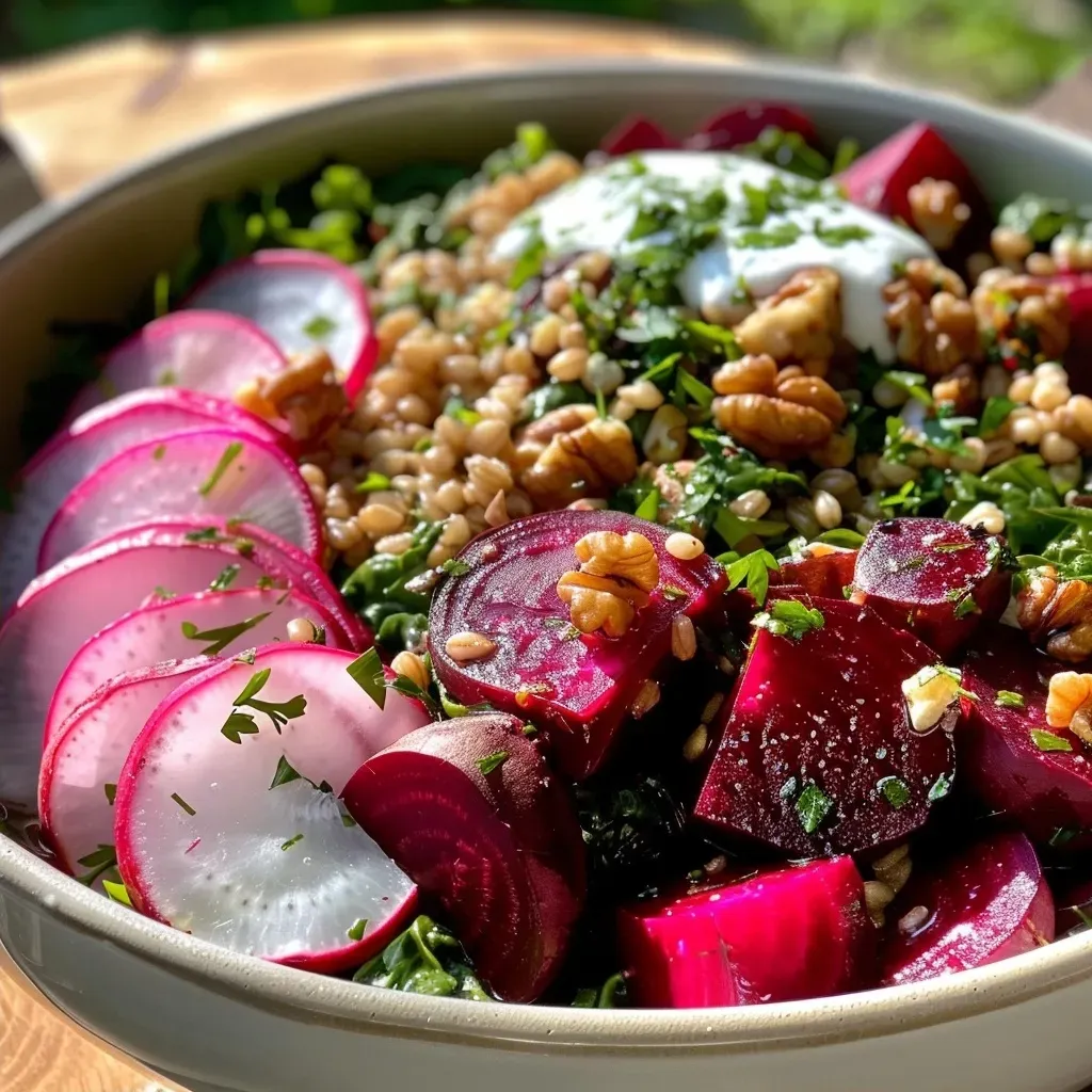 A colorful roasted beet grain bowl topped with herbed yogurt, nuts, and fresh herbs.