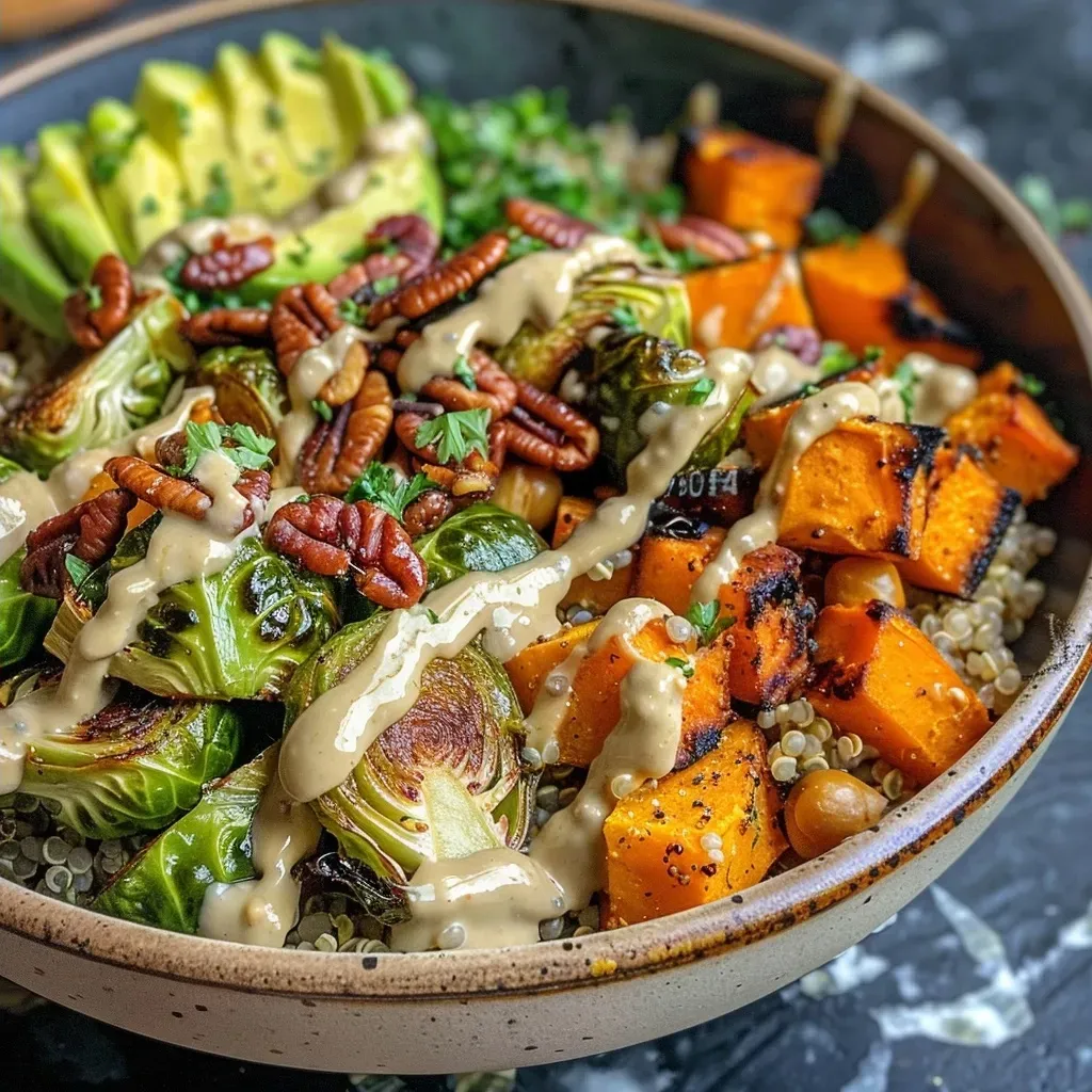 A close-up view of a bowl filled with roasted Brussels sprouts, quinoa, and sweet potato, drizzled with creamy honey mustard dressing.