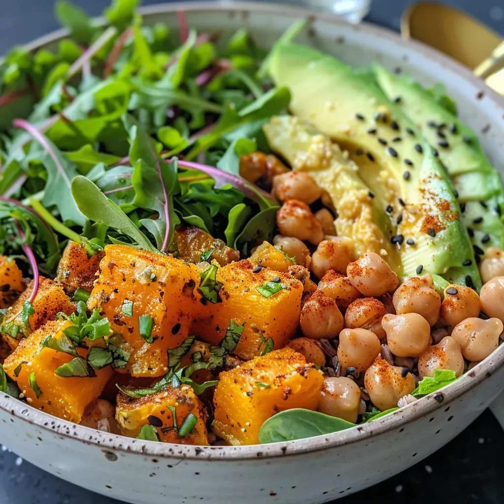 ['Close-up of a Roasted Butternut Squash Buddha Bowl with vibrant vegetables.', 'A colorful Buddha Bowl featuring roasted butternut squash, greens, and avocado slices.', 'Side view of a healthy Buddha Bowl filled with cubed butternut squash and microgreens.', 'Detailed image of a filled bowl with roasted squash, arugula, and tahini drizzle.']