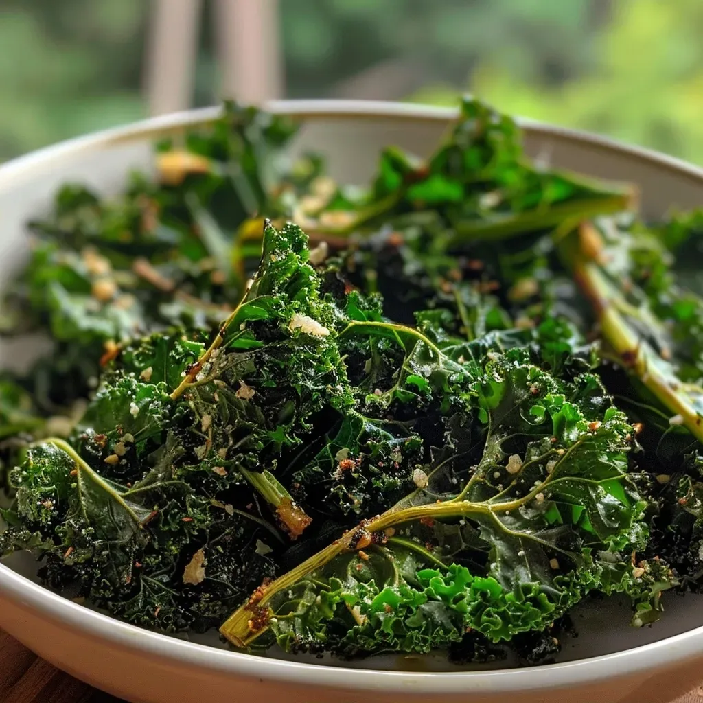 ['Close-up of crispy roasted kale leaves with a rich green color.', 'Side view of roasted Tuscan kale showing a textured surface and olive oil sheen.', 'Healthy roasted kale garnished with black pepper and garlic powder.', 'A vibrant pile of seasoned roasted kale leaves on a white plate.']