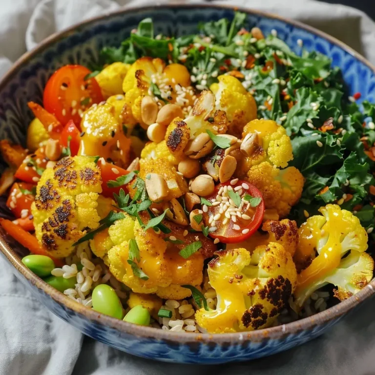 ['A vibrant Buddha bowl filled with roasted turmeric cauliflower, brown rice, edamame, cherry tomatoes, and fresh greens.', 'Close-up of a colorful Buddha bowl featuring spiced cauliflower, grains, and assorted vegetables.', 'A side view of a healthy Buddha bowl with golden cauliflower, steamed edamame, and a variety of vegetables.', 'A delicious Buddha bowl showcasing roasted cauliflower, colorful veggies, and a drizzle of tahini sauce.']