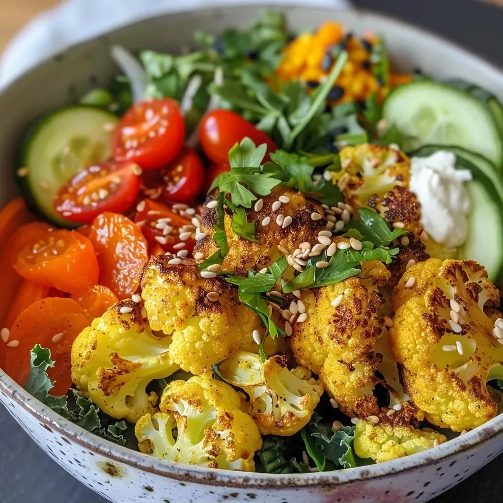 A vibrant Buddha bowl filled with roasted turmeric cauliflower, brown rice, edamame, cherry tomatoes, and fresh greens.