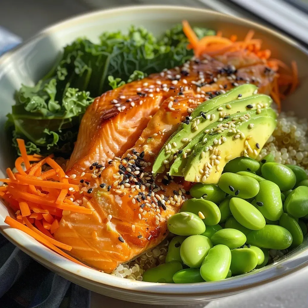 Close-up of a colorful salmon protein bowl filled with quinoa, edamame, and sliced avocado.