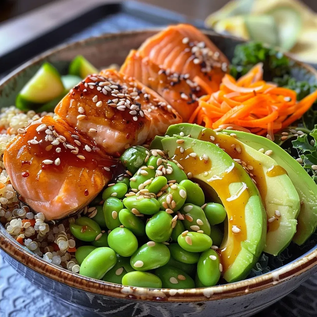 Close-up of a colorful salmon protein bowl filled with quinoa, edamame, and sliced avocado.