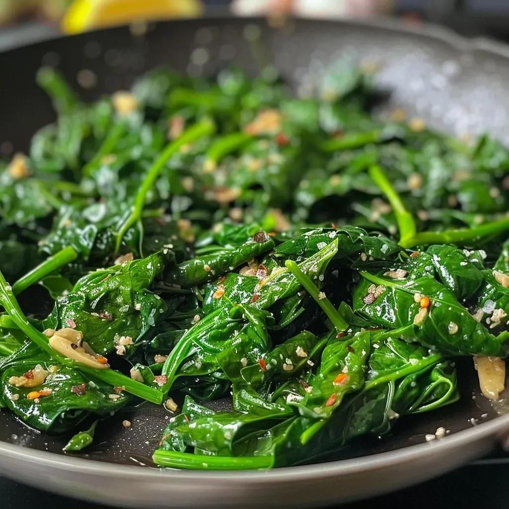 ['Close-up view of sautéed spinach with Parmesan cheese.', 'Side view of a vibrant green sautéed spinach dish glistening with olive oil.', 'Tasty sautéed spinach garnished with grated cheese and garlic salt.', 'Fresh spinach leaves sautéed in olive oil with a sprinkle of Parmesan.']