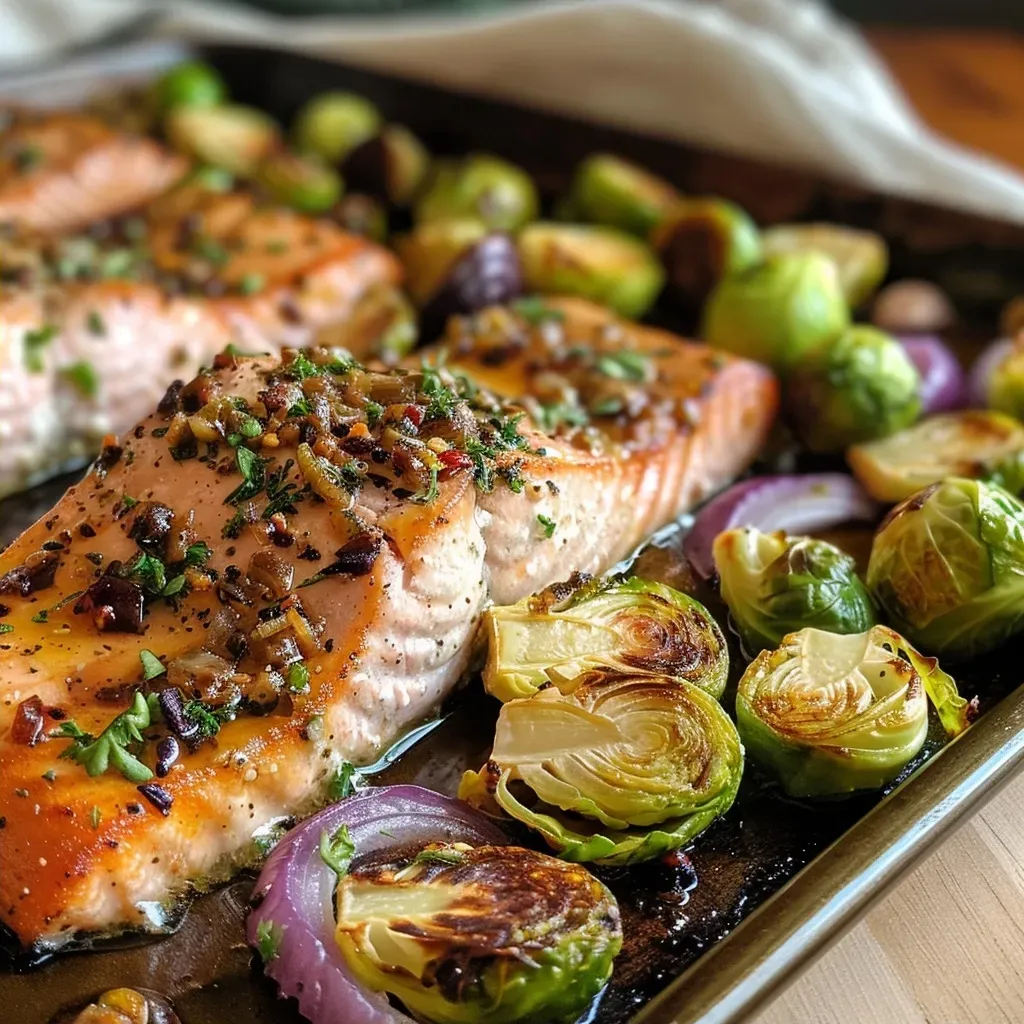 ['Close-up view of a sheet pan with salmon fillets and roasted Brussels sprouts.', 'Side angle of a delicious salmon dish accompanied by vibrant Brussels sprouts on a baking tray.', 'Juicy salmon and crispy Brussels sprouts arranged neatly on a sheet pan.', 'Colorful roasted salmon and Brussels sprouts served on a rustic metal tray.']