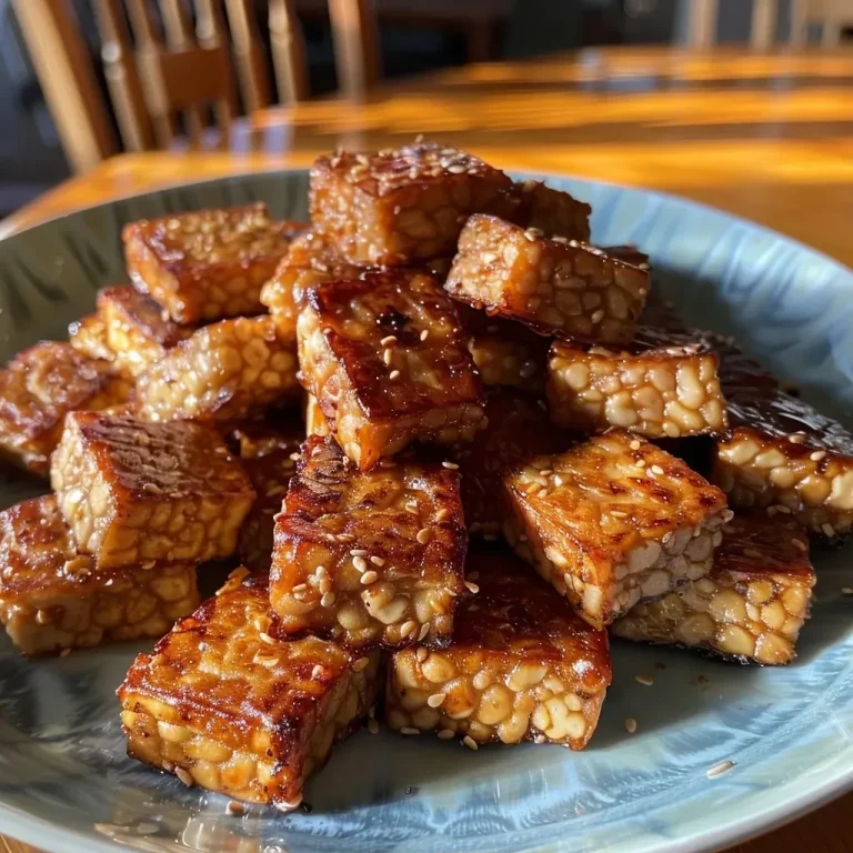['Juicy cubes of baked tempeh with a golden-brown exterior.', 'Close-up view of diced tempeh on a plate, glistening with seasoning.', 'Side angle shot of crispy tempeh cubes garnished with herbs.', 'Deliciously baked tempeh pieces arranged neatly for serving.']