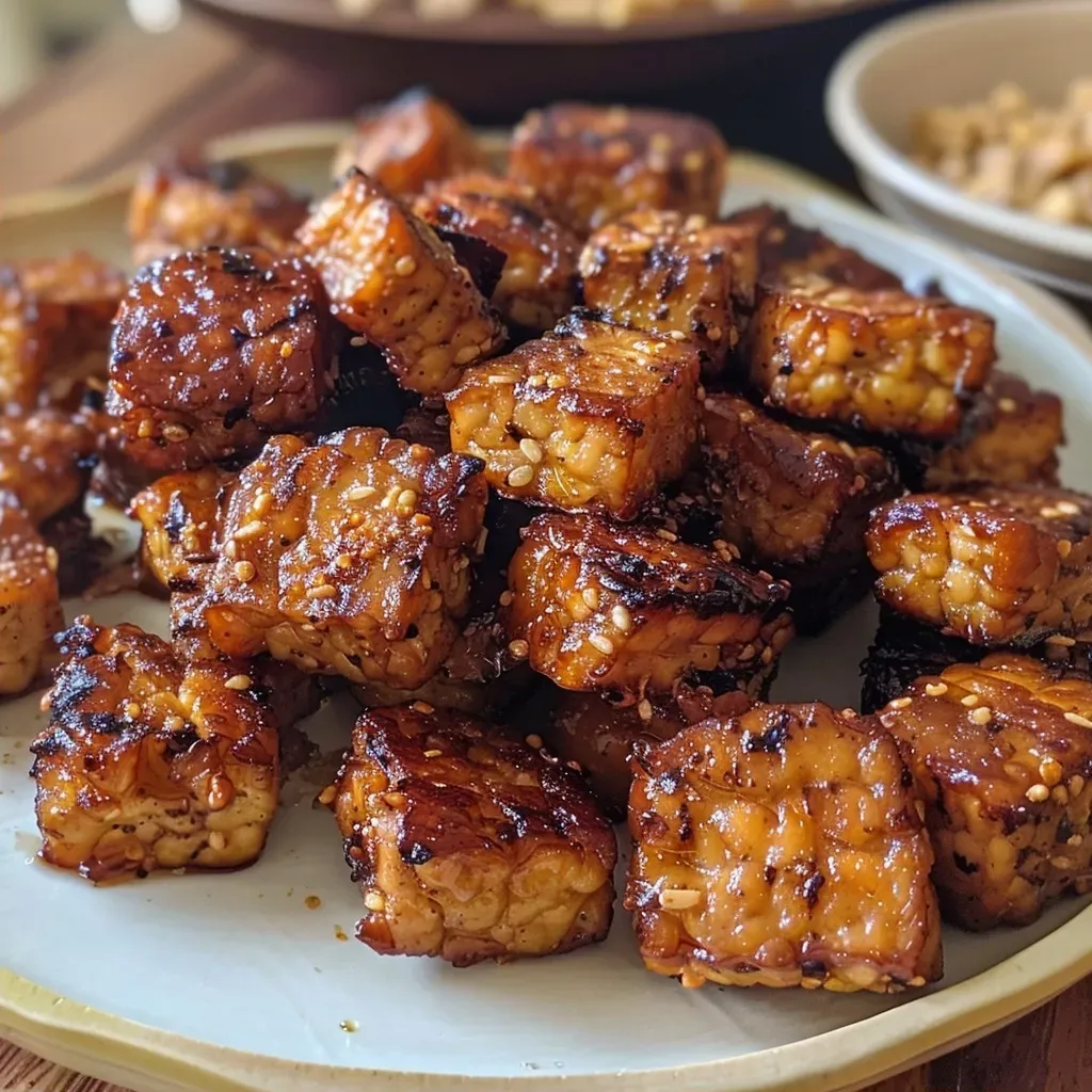 ['Juicy cubes of baked tempeh with a golden-brown exterior.', 'Close-up view of diced tempeh on a plate, glistening with seasoning.', 'Side angle shot of crispy tempeh cubes garnished with herbs.', 'Deliciously baked tempeh pieces arranged neatly for serving.']
