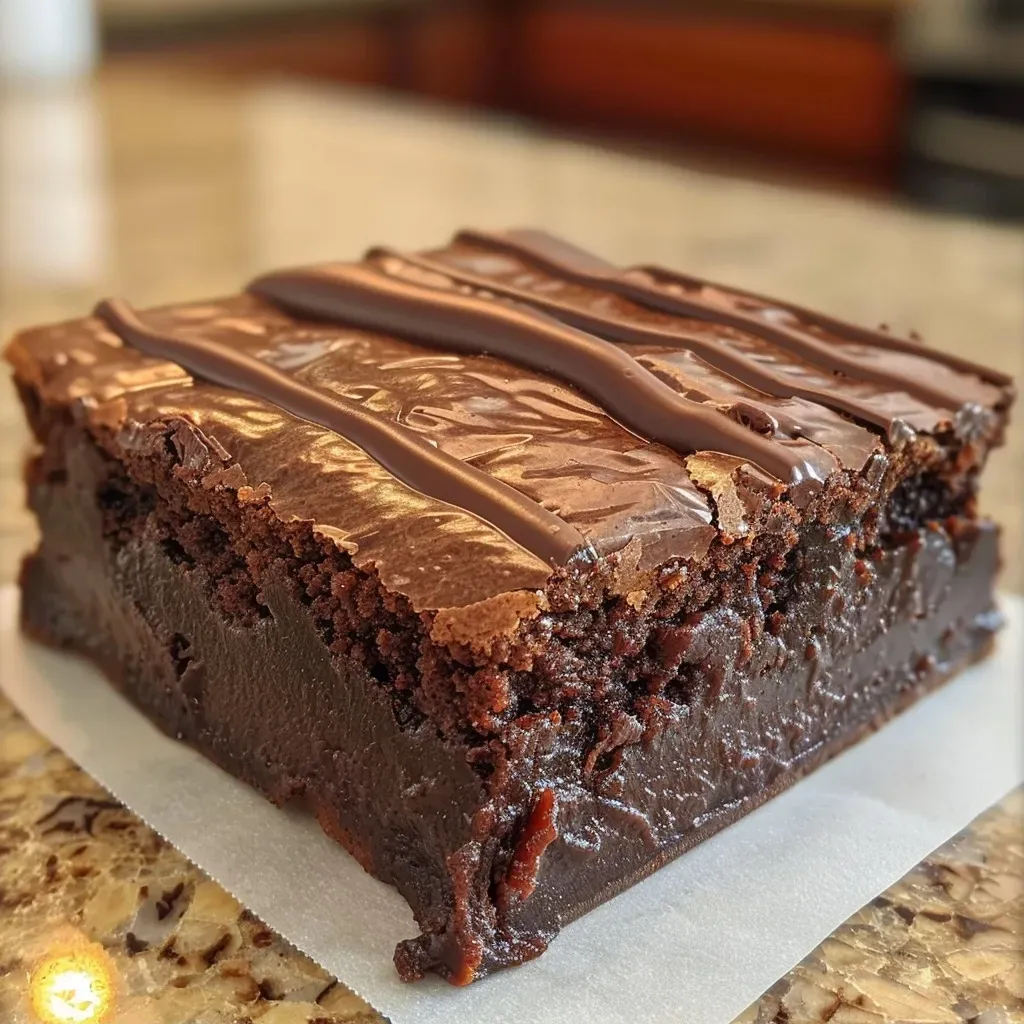 Close-up shot of rich, gooey brownies made in a slow cooker, showing a side view and glistening surface.