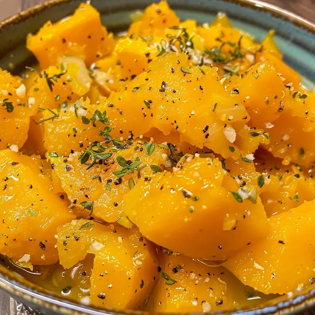 Close-up view of juicy, cooked butternut squash halves on a plate.