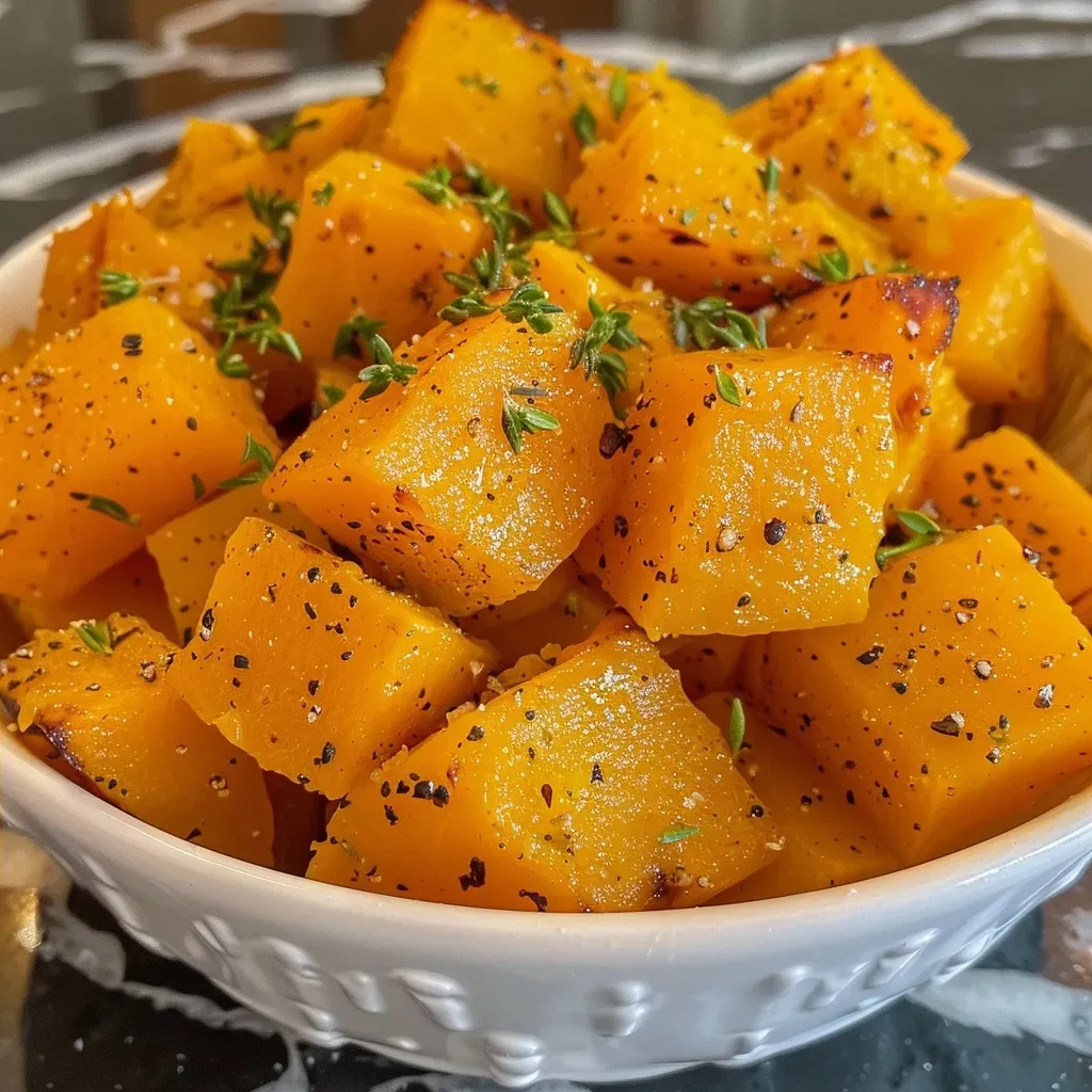 Close-up view of juicy, cooked butternut squash halves on a plate.