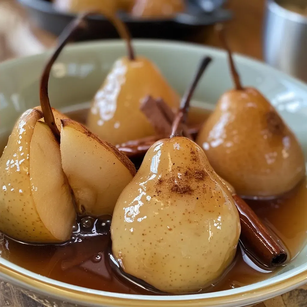 Close-up view of poached pears in a bowl, showing their juicy texture and caramelized surface.