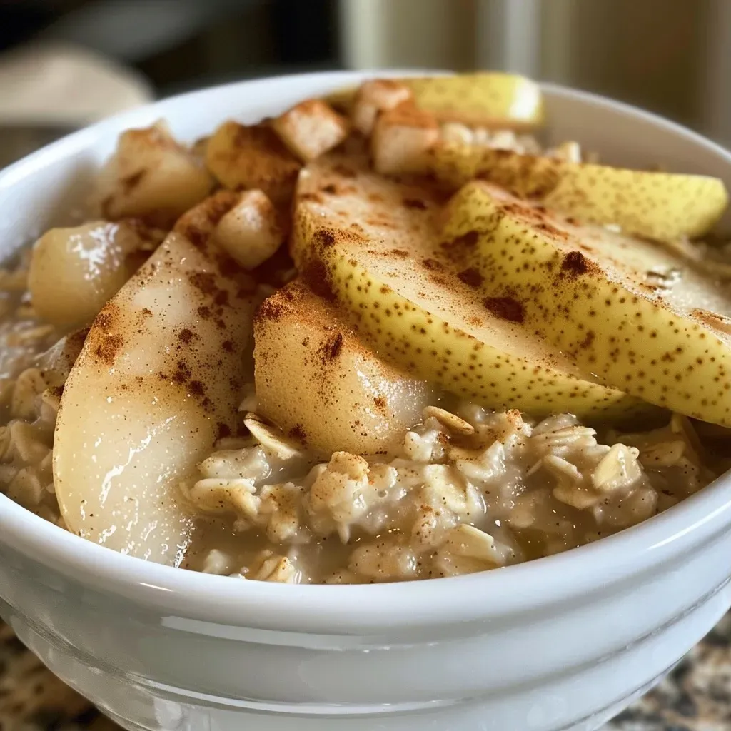 Close-up view of a spiced pear oatmeal bowl topped with sliced pears and a sprinkle of cinnamon.