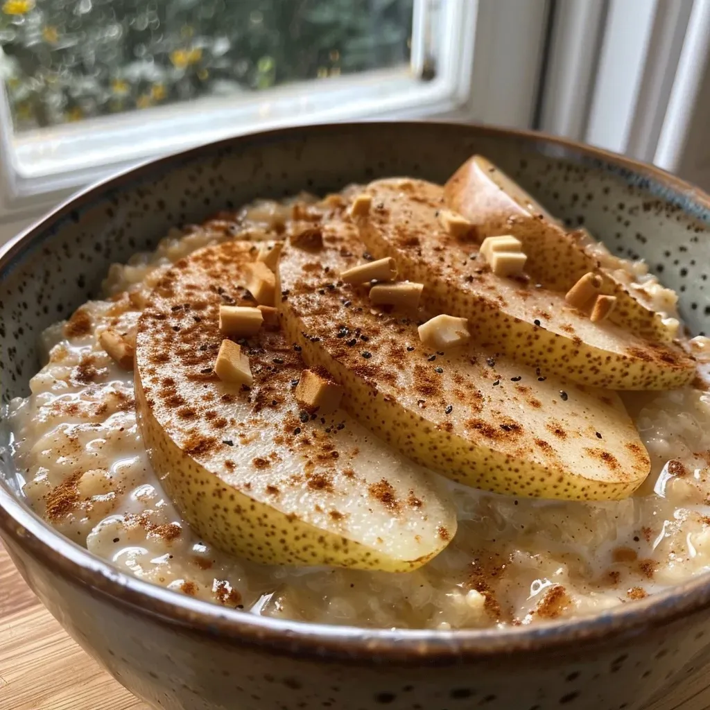 Close-up view of a spiced pear oatmeal bowl topped with sliced pears and a sprinkle of cinnamon.