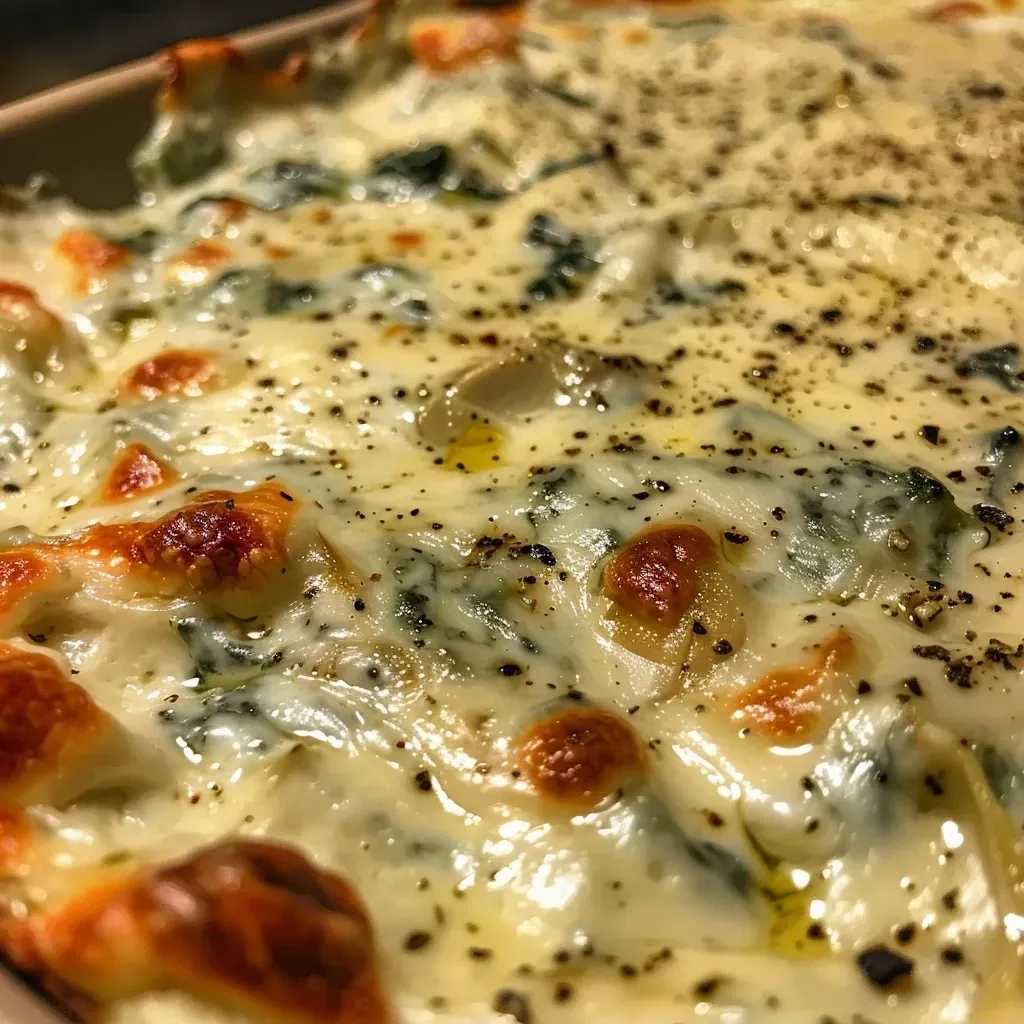 ['Close-up view of a creamy spinach artichoke dip in a skillet.', 'Side angle of a deliciously melted spinach artichoke dip with crispy edges.', 'Rich and chunky spinach artichoke dip served in a cast iron skillet.', 'Detailed shot of a bubbling spinach artichoke dip garnished with herbs.']