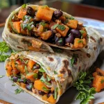['Close-up of a Sweet Potato Black Bean Wrap showcasing vibrant ingredients.', 'Side view of a delicious Sweet Potato Black Bean Wrap, revealing its filling.', 'Juicy Sweet Potato Black Bean Wrap displayed in a mouthwatering close-up.', 'Detailed view of a Sweet Potato Black Bean Wrap highlighting colorful vegetables.']