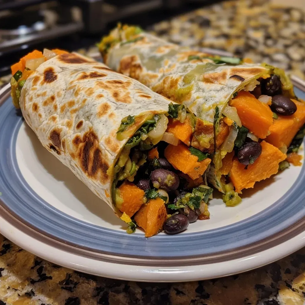 Close-up of a Sweet Potato Black Bean Wrap showcasing vibrant ingredients.